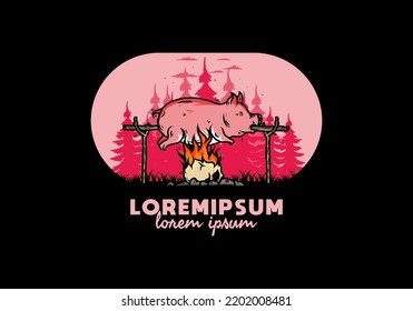 Vintage color of pork roast on fire illustration design