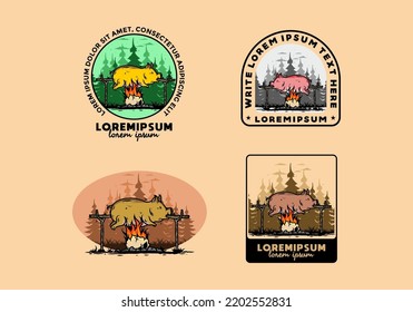 Vintage color of pork roast on fire illustration design