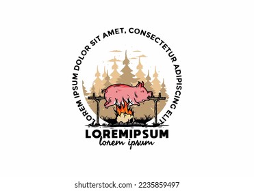 Vintage color of pork roast on fire illustration design
