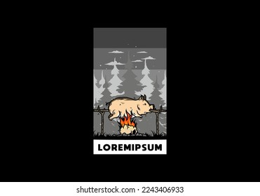 Vintage color of pork roast on fire illustration design