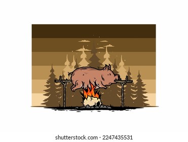 Vintage color of pork roast on fire illustration design