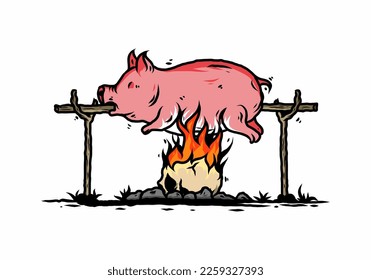 Vintage color of pork roast on fire illustration design