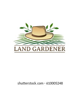 Vintage color retro logo for garden studio. Badge with farm hat. Label with field and herb. Design graphic for shop garden, farmer's market, organic store. Vector.