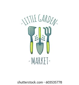 Vintage color retro logo for little garden market. Badge with farm tools. Label with rake and herb. Design graphic for Shop garden, farm, organic store. Vector.