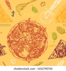 Vintage color seamless pattern. Delicious pizza. Engraving style. Vector illustration.