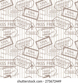 vintage color seamless pattern, stamps of passport control offices from different countries and tourist destinations in a travel and vacation concept