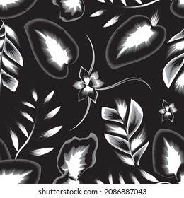 vintage color style monochromatic vector design fashionable print texture with beautiful abstract tropical calla leaves and flowrs plants foliage on night background. Exotic tropics. Summer design 