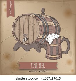 Vintage color template with hand drawn beer keg and mug. Great for bar, restaurant, cards and menu, pub signs, t-shirt design.