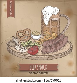 Vintage color template with hand drawn beer mug and snack plate. Great for bar, restaurant, cards and menu, pub signs, t-shirt design.