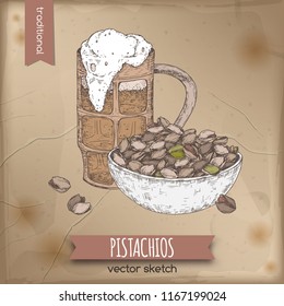 Vintage color template with hand drawn beer mug and bowl of pistachios. Great for bar, restaurant, cards and menu, pub signs, t-shirt design.
