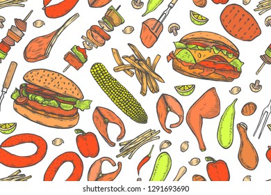 Vintage color vector engraving Seamless pattern barbecue grill. Top view with charcoal, mushroom, tomato, pepper, sausage, lemon, kebab, fish and beef steak. illustration Isolated on white background
