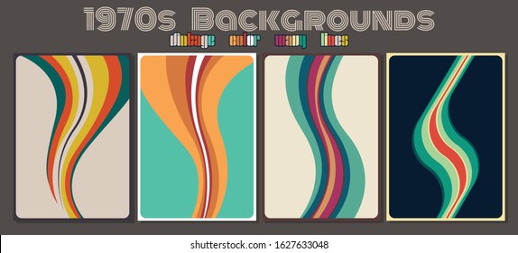 Vintage Color Wavy Lines Background Set 1970s Style 