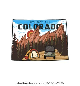 Vintage Colorado camp badge with tourist attractions. Retro style US state patch concept, print for t-shirt and other uses. Included quote saying - My heart is in Colorado . Stock vector isolated