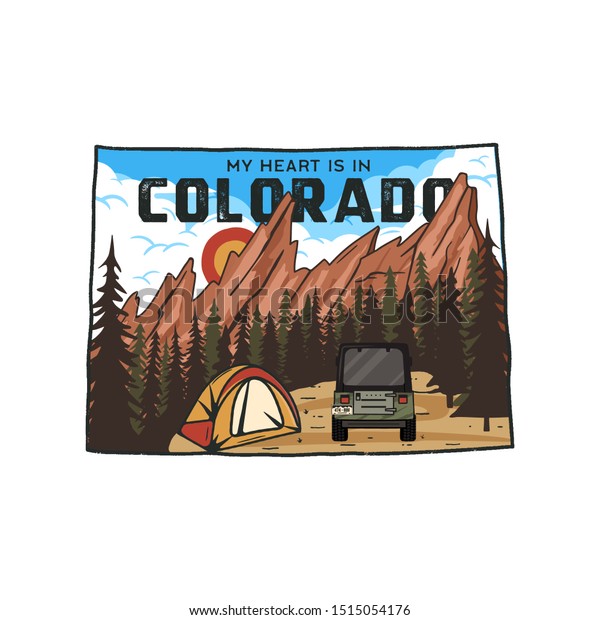Vintage Colorado camp badge with tourist\
attractions. Retro style US state patch concept, print for t-shirt\
and other uses. Included quote saying - My heart is in Colorado .\
Stock vector isolated