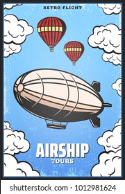 Vintage colored airship poster with zeppelin or digirible hot air balloons on sky background vector illustration