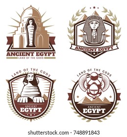 Vintage colored ancient Egypt emblems set with pharaoh mask mummy sphinx pyramids citadel scarab isolated vector illustration