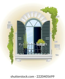 Vintage colored balcony composition white window with balcony iron fence and flowers vector illustration