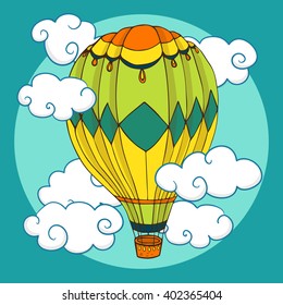 Vintage colored balloon in clouds, vector illustration