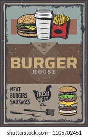 Vintage colored burger house poster with inscription hamburger cheeseburger soda french fries cooking utensils vector illustration