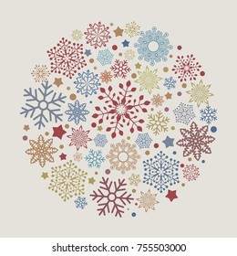 Vintage colored Christmas card with snowflake shapes vector illustration. Retro winter design.