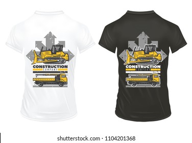 Vintage colored construction machines prints template with inscription bulldozer building truck on black and white shirts isolated vector illustration