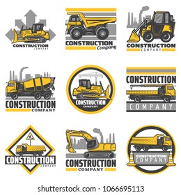 Vintage colored construction vehicles emblems set with bulldozer excavator concrete mixer dump building trucks isolated vector illustration