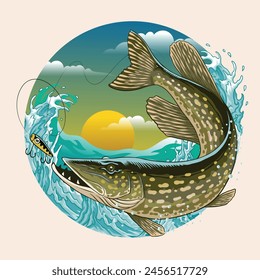 Vintage Colored Design of Pike Fish Fishing