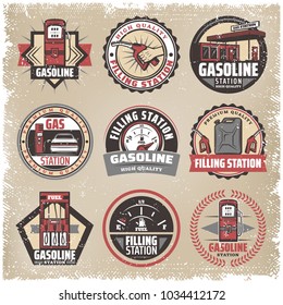 Vintage colored filling station labels set with gasoline pumps canister fuel gauge car refilling petrol nozzle isolated vector illustration