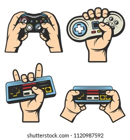 Vintage colored gaming elements set with hands holding different electronic joysticks and controllers isolated vector illustration