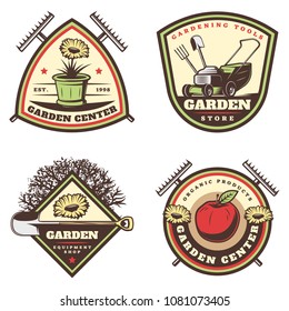 Vintage colored gardening emblems set with flowers pot rake lawm mower shovel apple tree pitchfork isolated vector illustration