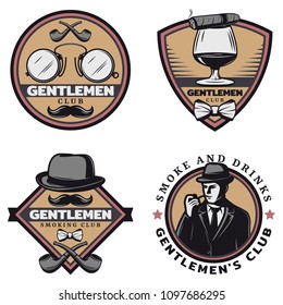 Vintage colored gentleman emblems set with stylish man drink cigar glasses mustache smoking pipes hat isolated vector illustration