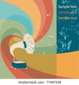 vintage colored gramophone with flying notes and stylish background