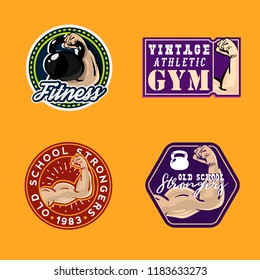 Vintage colored gym themed retro badges with muscle human arm. stock vector
