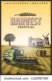 Vintage colored harvesting poster with inscription combine hay bales barn windmill and tree on field vector illustration