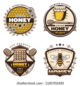Vintage colored honey emblems set with letterings honeycombs flowers jar stick hive bee isolated vector illustration