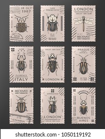 Vintage colored insects stamps set with dragonfly different types of bugs and beetles isolated vector illustration