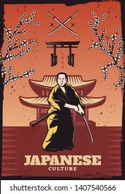 Vintage colored japanese culture poster with samurai holding sword sakura tree branches traditional gates and building vector illustration
