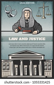 Vintage colored judicial system poster with inscription judge courthouse handcuffs scales of justice vector illustration