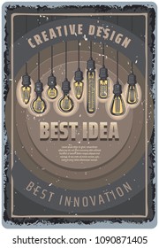 Vintage colored light bulbs poster with inscriptions and hanging fluorescent lightbulbs of different shapes vector illustration