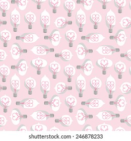 Vintage Colored Light Bulbs Seamless Pattern. Vector Illustration. Lightbulbs with Filament like Heart Inside. Creative Valentines Day Tiling.