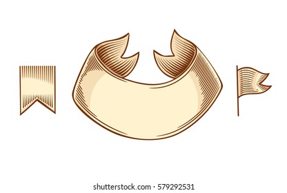 Vintage colored line ribbon isolated on white background. Vector illustration of vintage engraving ribbon tape for menu, poster, web and label. Hand drawn in a graphic style.