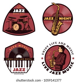 Vintage colored live jazz music emblems with letterings musician drums saxophone piano vinyl isolated vector illustration