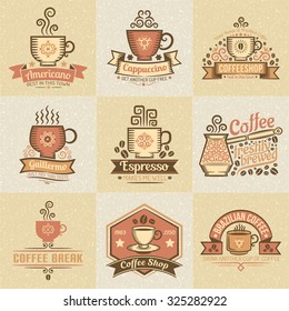 Vintage colored logos for coffee bar. Texture grouped separately and are easily removed.