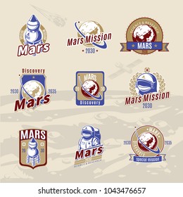 Vintage colored Mars exploration labels set with letterings rocket planet helmet and astronaut isolated vector illustration