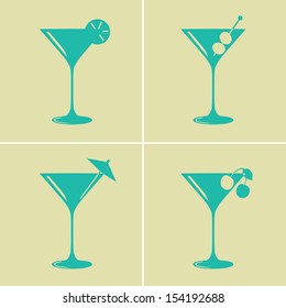 Vintage colored martini cocktail glasses with different decorations svg