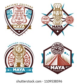 Vintage colored maya civilization emblems set with tribal mask totems idols aztec pyramid mayan calendar isolated vector illustration