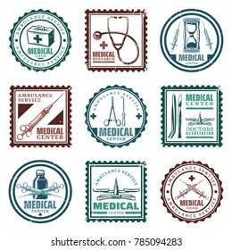 Vintage colored medical stamps set with first aid kit box stethoscope hourglass syringes forceps scalpel scales bottle isolated vector illustration 