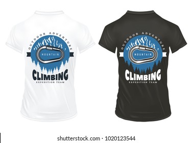 Vintage colored mountain climbing print template with inscription metal carabiner nature landscape on black and white shirts isolated vector illustration