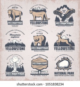 Vintage colored national park emblems set with rare wild animals nature landscapes geyser plank grand prismatic spring isolated vector illustration