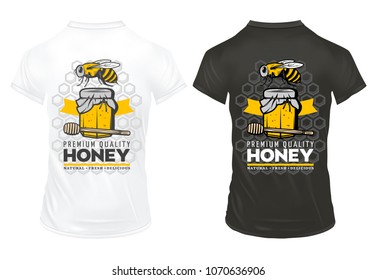 Vintage colored natural honey prints template on shirts with inscriptions bee pot stick and honeycombs isolated vector illustration